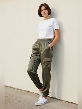 NWT Petal & Pup Gilli Luca Olive Green Satin Cargo Jogger Pants Size M